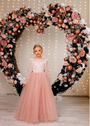 Dusty Rose Glitter Lace Tulle Buttons Back Flower Girl Dress
